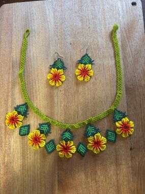 Handcrafted Huichol Yellow & Green Floral Beaded Necklace with Matching Earrings